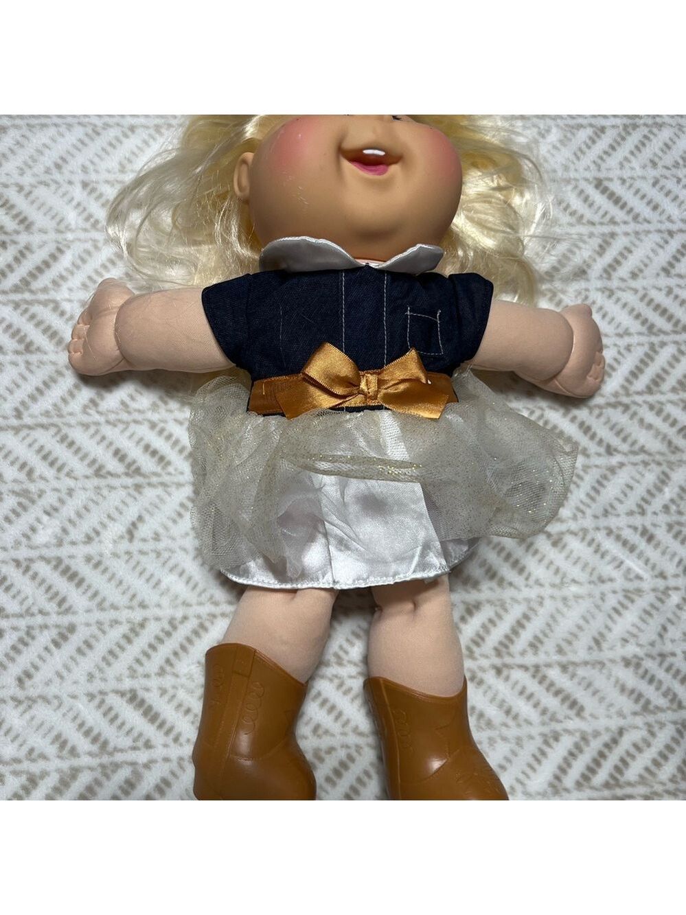 Cabbage Patch Blue Eyes Blonde Hair Doll with Gold Bow and Boots